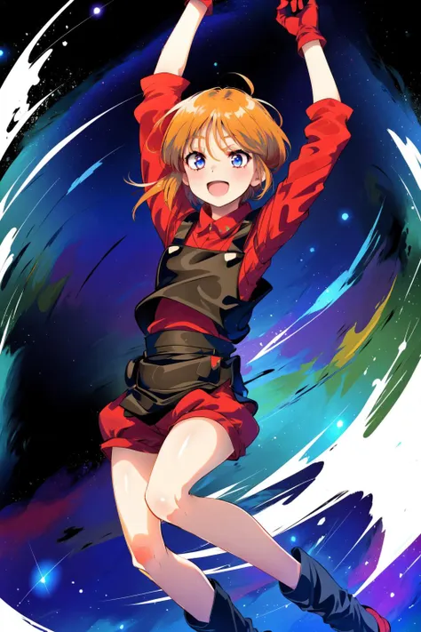 masterpiece,best quality,1girl,elpeo ple,short hair,flat chest,red shirt,overalls,single glove,short shorts,boots,smile,open mouth,arms up,starry sky,<lora:elpeo_ple_v1:0.7>,