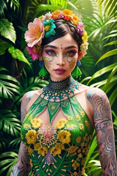 Create a full-body portrait of a woman with intricate tattoos depicting the Garden of Eden. The tattoos should feature detailed images of Adam and Eve, the Tree of Knowledge, and various animals and plants. The woman should be standing in a natural, serene pose, with a soft, ethereal background that complements the theme of the tattoos. Ensure the tattoos are clearly visible and detailed