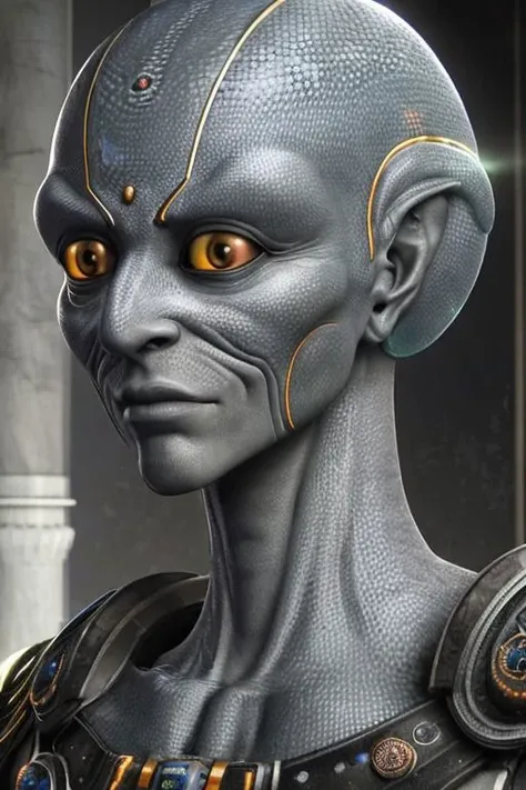 beautiful 3D render of a maximalist grey alien considering lighthearted satisfactions with gazing eyes a highly detailed fantasy, an image of immaculate quality and with stunning detail in high definition 8K and beyond, analog rugged quality of textures and gritty film grain