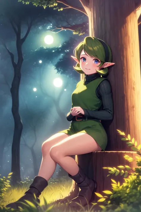masterpiece, best_quality, 1girl, solo, saria \(the legend of zelda\), dark forest, night
