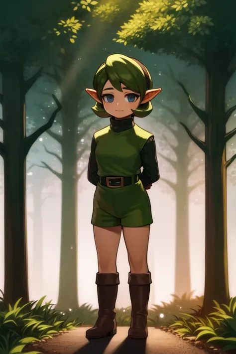 masterpiece, best_quality, 1girl, solo, saria \(the legend of zelda\), standing, forest,