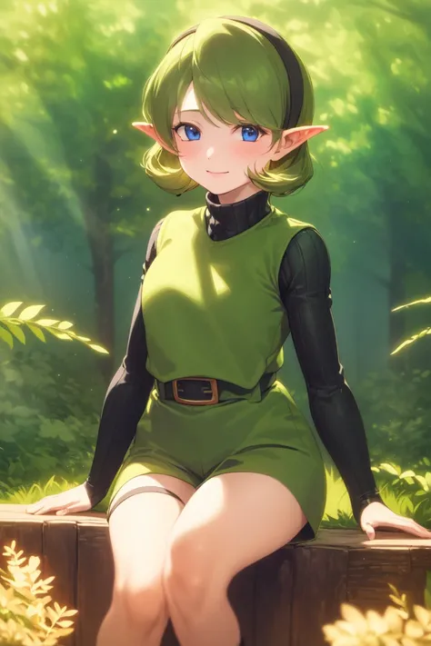 masterpiece, best_quality, 1girl, solo, saria \(the legend of zelda\), forest,