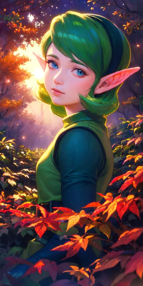 (masterpiece, best quality), illustration, close up, 1girl, green hair, ((saria \(the legend of zelda\))), night, dark, (forest), <lora:sariaLozOot_sariaV1:1>,