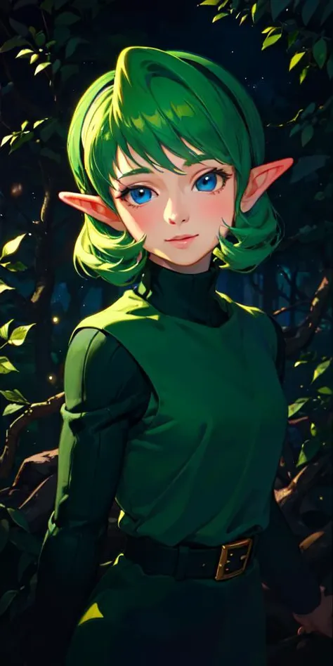 (masterpiece, best quality), illustration, close up, 1girl, green hair, ((saria \(the legend of zelda\))), night, dark, (forest), <lora:sariaLozOot_sariaV1:1>,