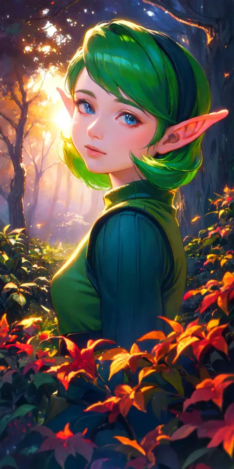 (masterpiece, best quality), illustration, close up, 1girl, green hair, ((saria \(the legend of zelda\))), night, dark, (forest), <lora:sariaLozOot_sariaV1:1>,