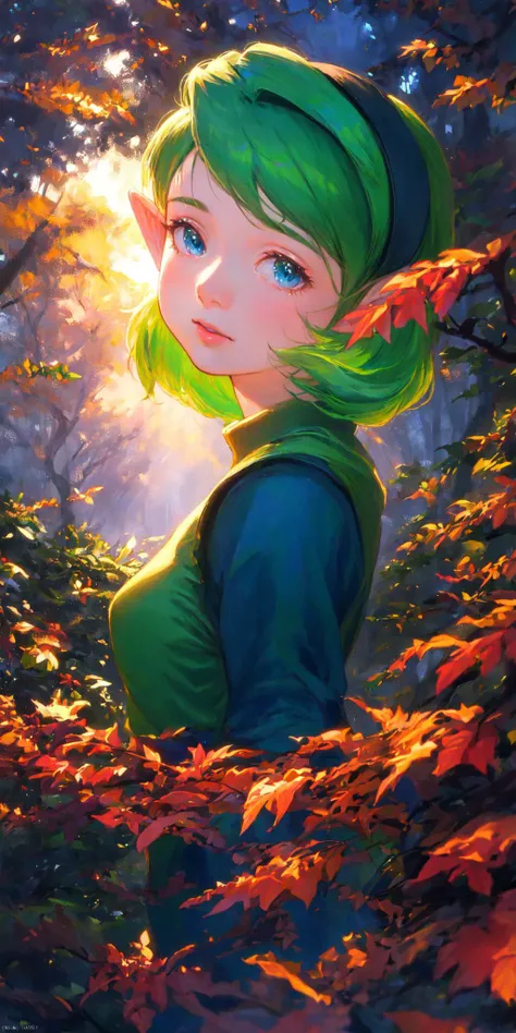 (masterpiece, best quality), illustration, close up, 1girl, green hair, ((saria \(the legend of zelda\))), night, dark, (forest), <lora:sariaLozOot_sariaV1:1>,