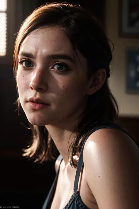 Ellie, tlou2, portrait, sun rays, looking at viewer, award-winning, (8k, RAW photo, best quality, masterpiece:1.2),ultra-detailed, (high detailed skin:1.2), 8k uhd, dslr, soft lighting, high quality, <lora:Ellie_TLoU2_v1:0.7>