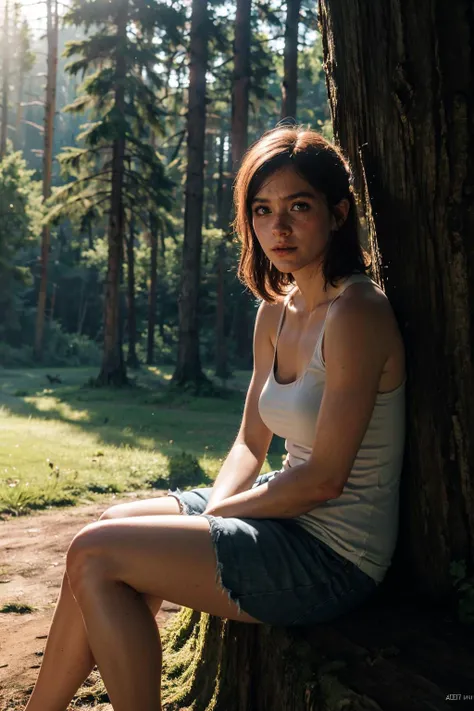 Ellie, tlou2, portrait, sitting on tree log, forest, sun rays, looking at viewer, award-winning, (8k, RAW photo, best quality, masterpiece:1.2),ultra-detailed, (high detailed skin:1.2), 8k uhd, dslr, soft lighting, high quality, <lora:Ellie_TLoU2_v1:0.7>