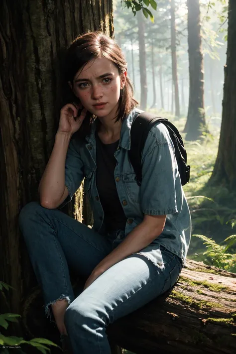 Ellie, tlou2, sitting on tree log, forest, sun rays, looking at viewer, award-winning, (8k, RAW photo, best quality, masterpiece:1.2),ultra-detailed, (high detailed skin:1.2), 8k uhd, dslr, soft lighting, high quality, <lora:Ellie_TLoU2_v1:0.7>