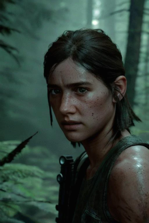 real photo of a 20 years old Ellie tlou2 3ll13tl02, petite, bare shoulder, sharp jaw, atheletic, dark lighting, with background dark forest, postapocalyptic, abandonned, clean skin, cinematic hd 4k 8k highly detailed, shallow depth of field <lora:Ellie_TLoU2_v1:0.7><lora:3ll13tl02:0.3>
