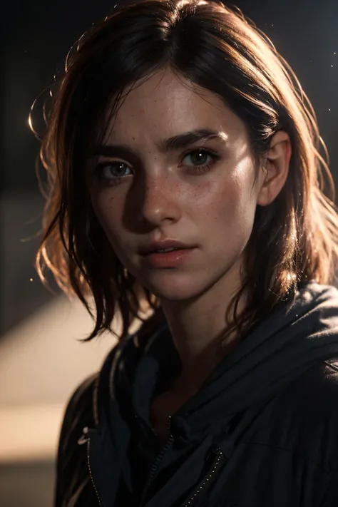 Ellie, tlou2, portrait, sun rays, looking at viewer, award-winning, (8k, RAW photo, best quality, masterpiece:1.2),ultra-detailed, (high detailed skin:1.2), 8k uhd, dslr, soft lighting, high quality, <lora:Ellie_TLoU2_v1:0.7>