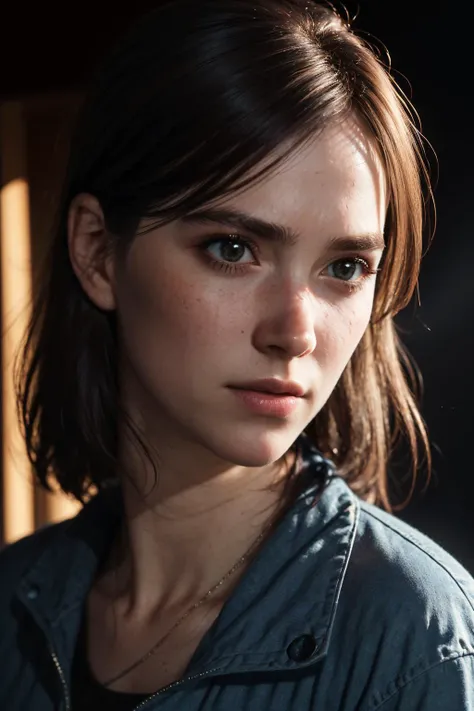 Ellie, tlou2, portrait, sun rays, looking at viewer, award-winning, (8k, RAW photo, best quality, masterpiece:1.2),ultra-detailed, (high detailed skin:1.2), 8k uhd, dslr, soft lighting, high quality, <lora:Ellie_TLoU2_v1:0.7>