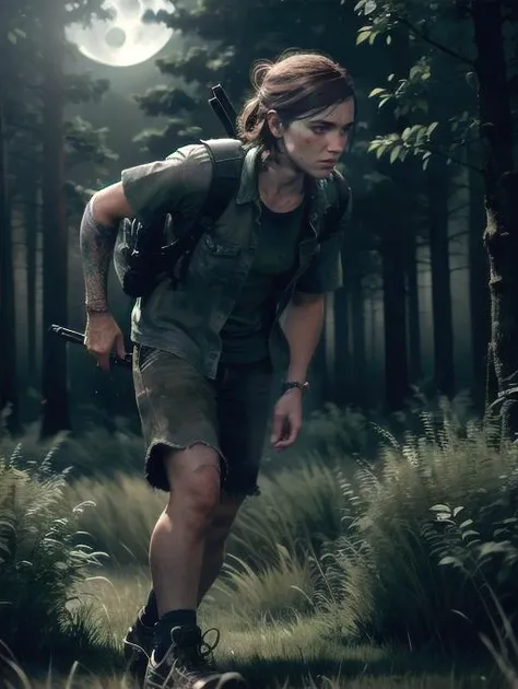 Ellie, tlou2, sneaking through high grass, forest, ((at night, moonlight)), (8k, RAW photo, best quality, masterpiece:1.2),ultra-detailed, (high detailed skin:1.2), 8k uhd, dslr, soft lighting, high quality, <lora:Ellie_TLoU2_v1:0.7>