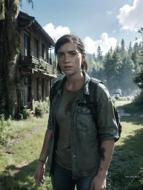 Ellie, tlou2, standing in front of ruined building, overgrown with moss, blue sky with a few clouds, (8k, RAW photo, best quality, masterpiece:1.2),ultra-detailed, (high detailed skin:1.2), 8k uhd, dslr, soft lighting, high quality, <lora:Ellie_TLoU2_v1:0.7>