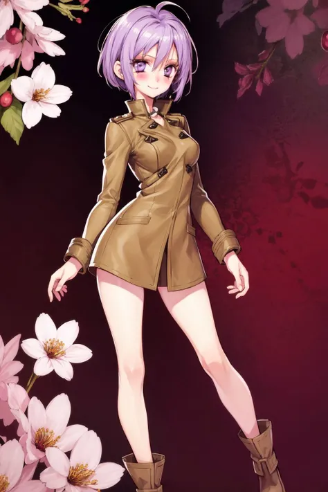 full body, solo, 1girl, smile, blush, medium breasts, purple hair, pixie cut, light purple eyes, beautiful detailed face, ultra detailed eyes, bronze peacoat, night, Red_Ribbons \(flower\), floral background <lora:tanemura_arina_style_v03:1>