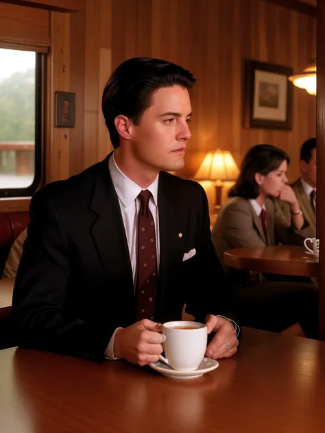 RAW photo, upper body, photo of DaleCooper, man wearing a suit in a diner, coffee mug in hand, wood paneling, vintage decor, (high detail skin:1.3), (100mm lens), Fujifilm XT3, trending on ArtStation, trending on CGSociety, Intricate, High Detail, Sharp focus, dramatic, life like texture, hdr, subsurface scattering, global illumination, film still, Film-like, bokeh, 3d, vivid color/raytraced/warm colors, photorealistic painting art by midjourney and greg rutkowski, cinematic, 40mm f/2.8, remastered, 8k, 4k uhd, crisp details, ultra detailed