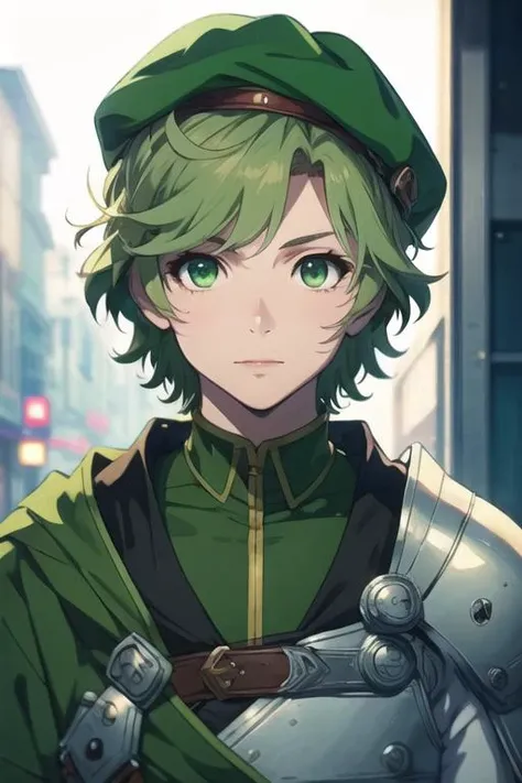 masterpiece, best quality, photorealistic, 1boy, solo, male focus, looking at viewer, upper body, depth of field, <lora:itsuki_kawasumi:0.66>, itsuki_kawasumi, green eyes, green hair, , newsboy cap, science fiction noir, 8k resolution