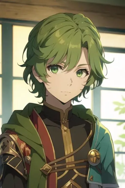 masterpiece, best quality, wallpaper, 1boy, solo, male focus, looking at viewer, upper body, , <lora:itsuki_kawasumi:0.74>, itsuki_kawasumi, green eyes, green hair, jester costume, science fiction time travel,