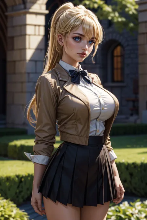 (ultra realistic,32k, masterpiece:1.2),(high detailed skin:1.1),( high quality:1.1),
<lora:YuinshielAsteria:0.8>(thinking:1.1),AsteriaSchool, long hair, ponytail, brown jacket, black bowtie, black skirt, Medieval enchanted elysium, magical gardens, eternal bliss, realm of enchantment and harmony blurry background,,(looking at viewer, standing,:1.1),, huge breast,large breast,<lora:add_detail:0.77>,
(glow in the dark:1.1),