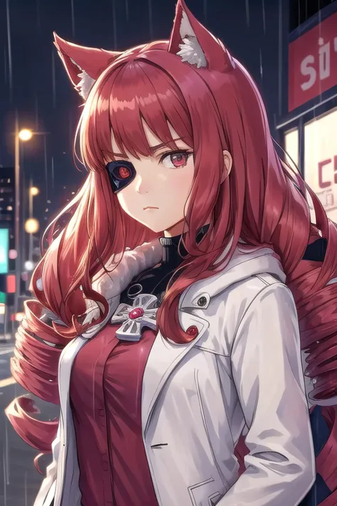 <lora:stella-09:0.8>, stella_hoshii, 1girl, solo, looking at viewer, city background, rain, eyepatch, frown, overcoat, upper body