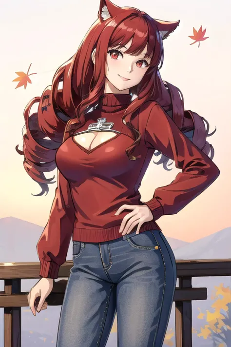 <lora:stella-09:0.8>, stella_hoshii, 1girl, solo, looking at viewer, red eyes, smile, autumn, red sweater, jeans, cowboy shot, cleavage cutout