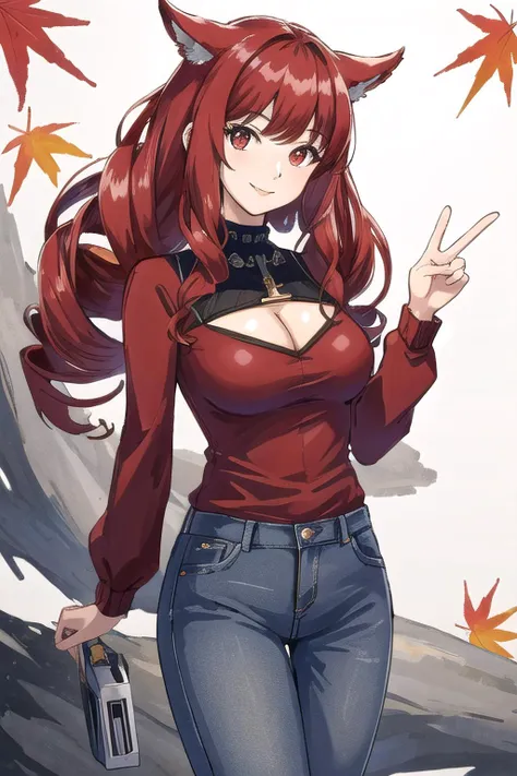<lora:stella-09:0.8>, stella_hoshii, 1girl, solo, looking at viewer, red eyes, smile, autumn, red sweater, jeans, cowboy shot, cleavage cutout