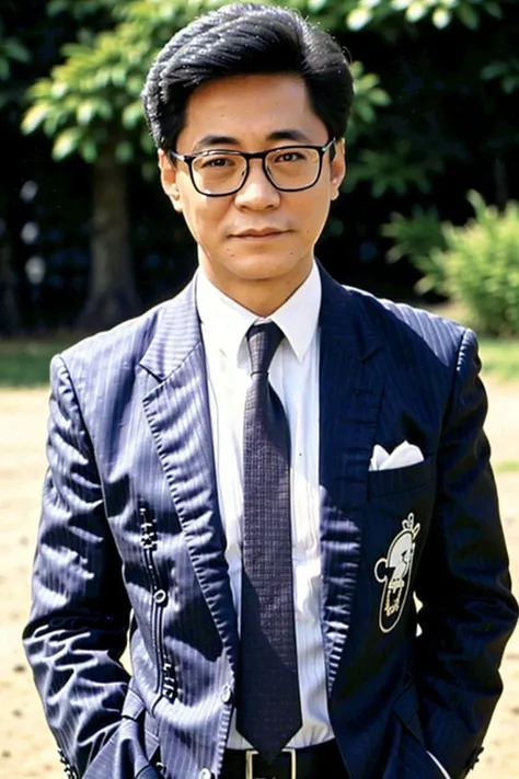 best quality, ultra high res, (photorealistic:1.4),(Grey suit:1.2),masterpiece, blurry background,1boy,standing ,(looking at viewer), <lora:wangwei:0.8>