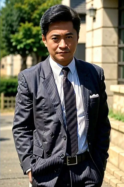 best quality, ultra high res, (photorealistic:1.4),(Grey suit:1.2),masterpiece, blurry background,1boy,standing ,(looking at viewer), <lora:wangwei:0.8>