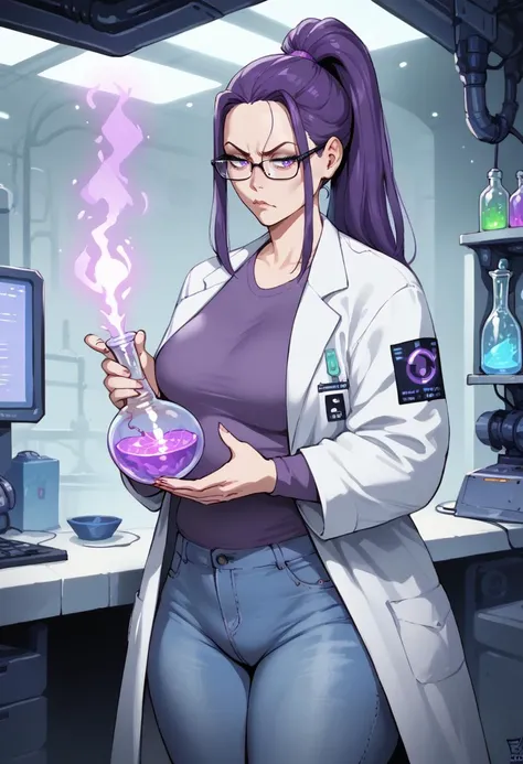 score_9, score_8_up, score_7_up, score_6_up, BREAK
A gorgeous woman: long purple ponytail, purple eyes, with glasses, wearing jeans a purple shirt, and a white lab coat, with futuristic tech around, curious expression, inquisitive face, holding a steaming flask, laboratory background, various computer screen in the background, <lora:PulenKompot-Fellatrix Style-PonyXL:1> fellatrix