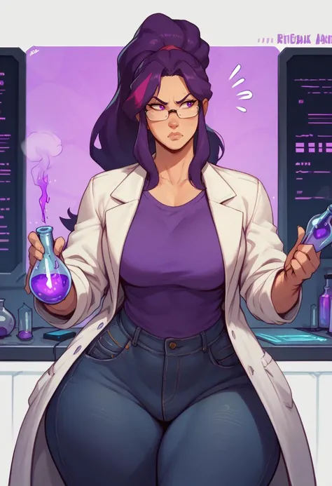 score_9, score_8_up, score_7_up, score_6_up, BREAK
A gorgeous woman: long purple ponytail, purple eyes, with glasses, wearing jeans a purple shirt, and a white lab coat, with futuristic tech around, curious expression, inquisitive face, holding a steaming flask, laboratory background, various computer screen in the background, <lora:PulenKompot-Carmessi Style-PonyXL:1> carmessi