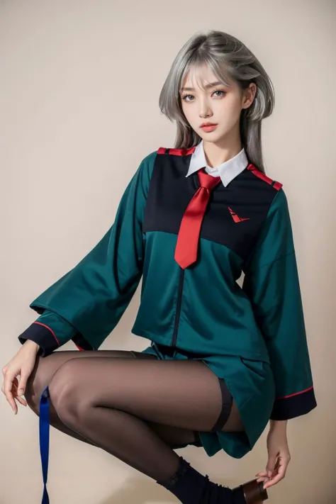miorine1, miorine rembran, asticassia school uniform, solo, ((teenager, very young girl, long silver hair, grey eyes)), ahoge, seamed legwear, green shorts, necktie, bangs, hair between eyes, black pantyhose, long sleeves, green jacket, floating hair, red necktie,  <lora:miorine_rembran_v1_1:0.8>, , masterpiece, (best quality:1.2), [:intricate details:0.2],