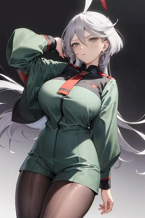 (masterpiece,best quality, highres, absurdres,:1.2),huge breasts, thick thighs, miorine1, miorine rembran, asticassia school uniform, solo, long hair, grey eyes, grey hair, ahoge, seamed legwear, green shorts, necktie, bangs, hair between eyes, black pantyhose, long sleeves, green jacket, floating hair, red necktie,