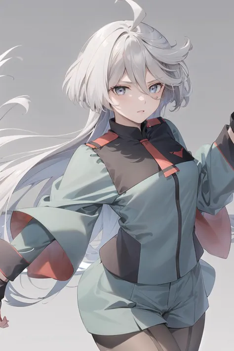 (masterpiece, best quality :1.5),beautifully painted, highly detailed,
1girl,beautiful eyes,
<lora:chara_Gundam_Miorine3:1>, miorine rembran, miorine1, asticassia school uniform, solo, long hair, grey eyes, grey hair, ahoge, seamed legwear, green shorts, necktie, bangs, hair between eyes, black pantyhose, long sleeves, green jacket, floating hair, red necktie,dynamic pose,
dynamic light,deep shadows,bright,vivid color,