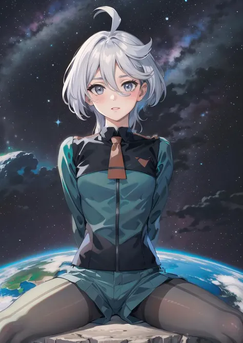 (1girl), masterpiece, best quality, highres, solo, spreads legs, blush,
front view, (looking at viewer:1.2), space,
(small breasts:1.3), (arms behind, hands behind back:1.6), sitting, between legs,
<lora:miorine_rembran_v1_1:0.8> ,miorine rembran, asticassia school uniform, solo, long hair, grey eyes, grey hair, ahoge, seamed legwear, green shorts, necktie, bangs, hair between eyes, black pantyhose, long sleeves, green jacket, red necktie