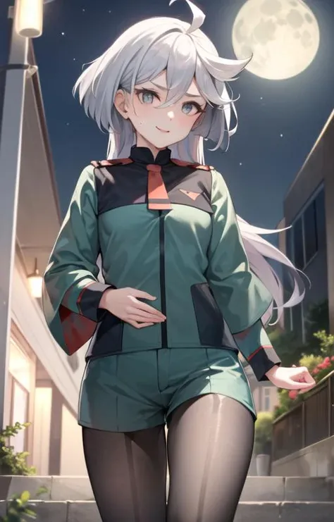(SFW), masterpiece, best quality, highres 64k, professional artwork, famous artwork, clean, cinematic lighting, beautiful eyes + detail, beautiful hair + detail, 1girl, (sexy young female body:1.4), (beautiful small breasts), lactation, happy:1.3, smile:1.3, sexy looking at the viewer, sexy lips, miorine1, miorine rembran, asticassia school uniform, solo, long hair, grey eyes, grey hair, ahoge, seamed legwear, green shorts, necktie, bangs, hair between eyes, black pantyhose, long sleeves, green jacket, floating hair, red necktie, outdoor, city, at night, under the big moon, <lora:miorineRembranMobileSuit_v10:0.8>