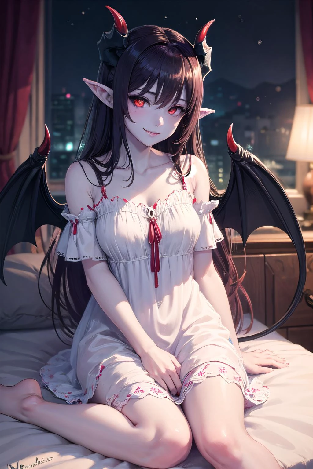 <lora:mgedemon-000005:1>, mgedemon, wings, tail, light smile, colored skin, nightgown, white dress, blue sclera, indoors, bed, on bed,