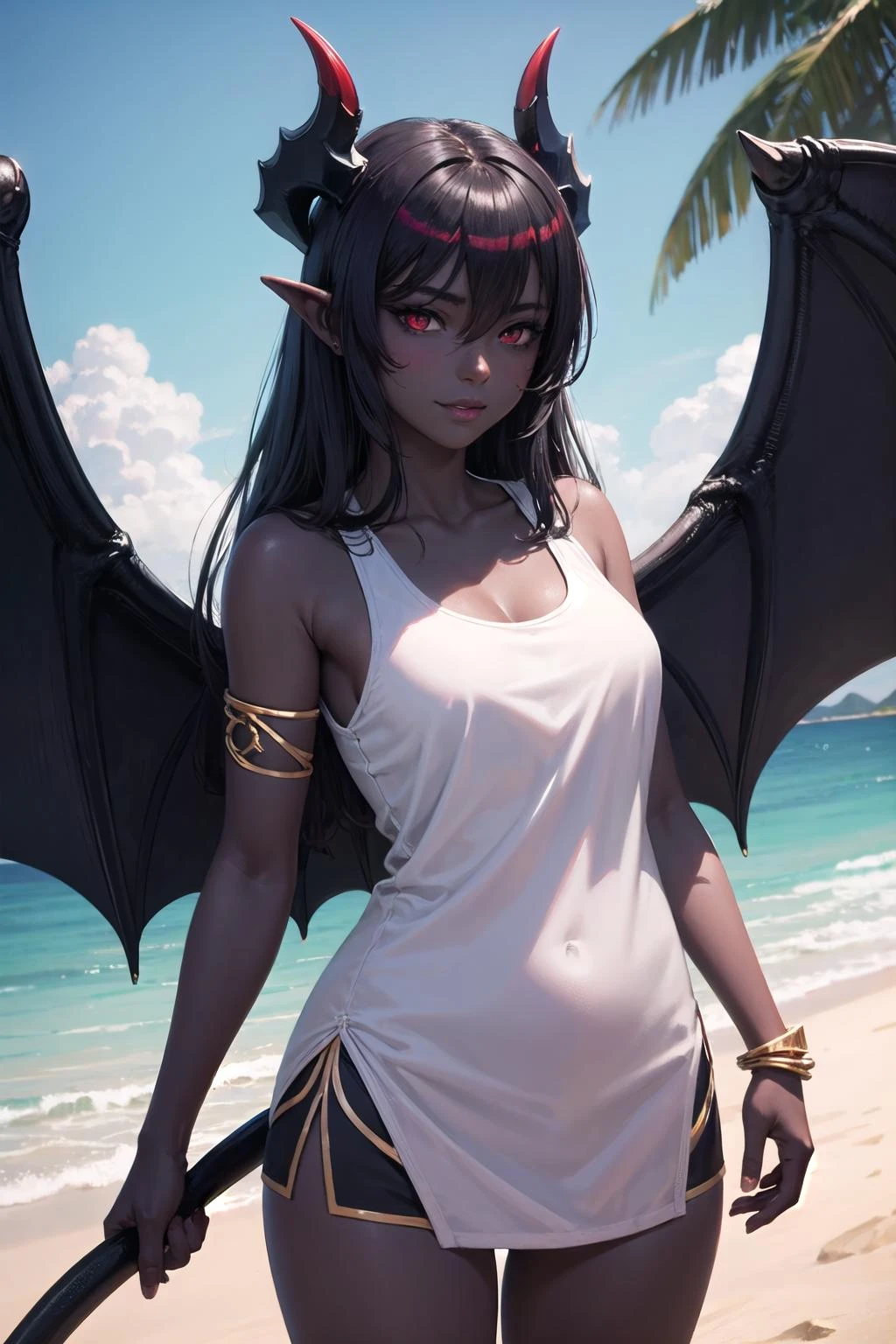 (highly detailed:1.3),
1girl, solo,
<lora:mgedemon-000005:1>, mgedemon, wings, tail, light smile, black sclera, outdoors, beach, (dark skin:1.2), deep skin, tan, tanlines, skindentation, tank top,
Ultra-detail, (highres:1.1), best quality, (masterpiece:1.3), cinematic lighting,