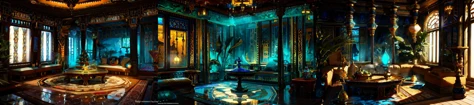 (otherworldly, otherworldly atmosphere, otherworldly appearance), highly insanely detailed, masterpiece, top quality, best quality, highres, 4k, 8k, RAW photo, 
((ancient egyptian theme:1.2)), Hong Kong structure, building, structure, taiwan, korean, 
swirling energy, 
tentacle, 
(underwater), 
reflection, reflective floor, 
abandoned building, overgrown with vegetation, [volumetric fog], cinematic lighting, colorful, colourful, 
(long_hair, long hair, random colors hair, glowing hair, hair over one eye, long messy hair), 
(eyelashes, eyeliner, eyeshadow, eyelashes, long eyelashes), 
collar, earrings, jewelry, necklace, armlet, 
high-heels, 
nsfw, 
cleavage, perfect female body, makeup, 
action pose, 
drunk, biting, 
Interior, 
scenery, window, 
CyberPunk, sofa, table, authentic, indoor scenery, 
an arabian room with a couch, a carpet, a small round table with a hookah on it, a window and a lamp, ArIn, 
a large arabian room with a pool, 
<lora:ArabianInteriors-10:0.8>, (fantasy world)