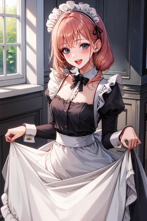 1girl, :d, alternate costume, apron, black dress, blush, dress, enmaided, frilled apron, frills, indoors, long sleeves, looking at viewer, maid apron, maid headdress, open mouth, puffy sleeves, skirt hold, smile, solo, white apron, wrist cuffs, masterpiece, best quality, absurdres