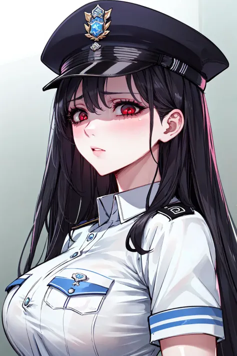 (best quality:1.0), (8k wallpaper:1.0), extremely delicate and beautiful, (beautiful detailed face:1.0), (detailed deep eyes), disgusted face, 1girl, red eyes, deep eyes, shiny skin, looking at viewer, blush, police, white shirt, police hat, policewoman, black hair
 <lora:disgusted:0.8>