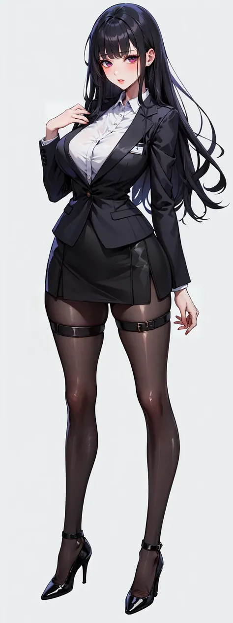 masterpiece, best quality, high resolution, highres, absurdres, extremely delicate and beautiful, ultra detailed, perfect details, from blow, white background, simple background, looking at viewer,
shiny skin, 1girl, red eyes, black hair, full body, long hair, black pantyhose, thigh strap, standing, bangs, skirt, formal, black blazer, black footwear, long sleeves, id card, large breasts, blunt bangs, high heels,