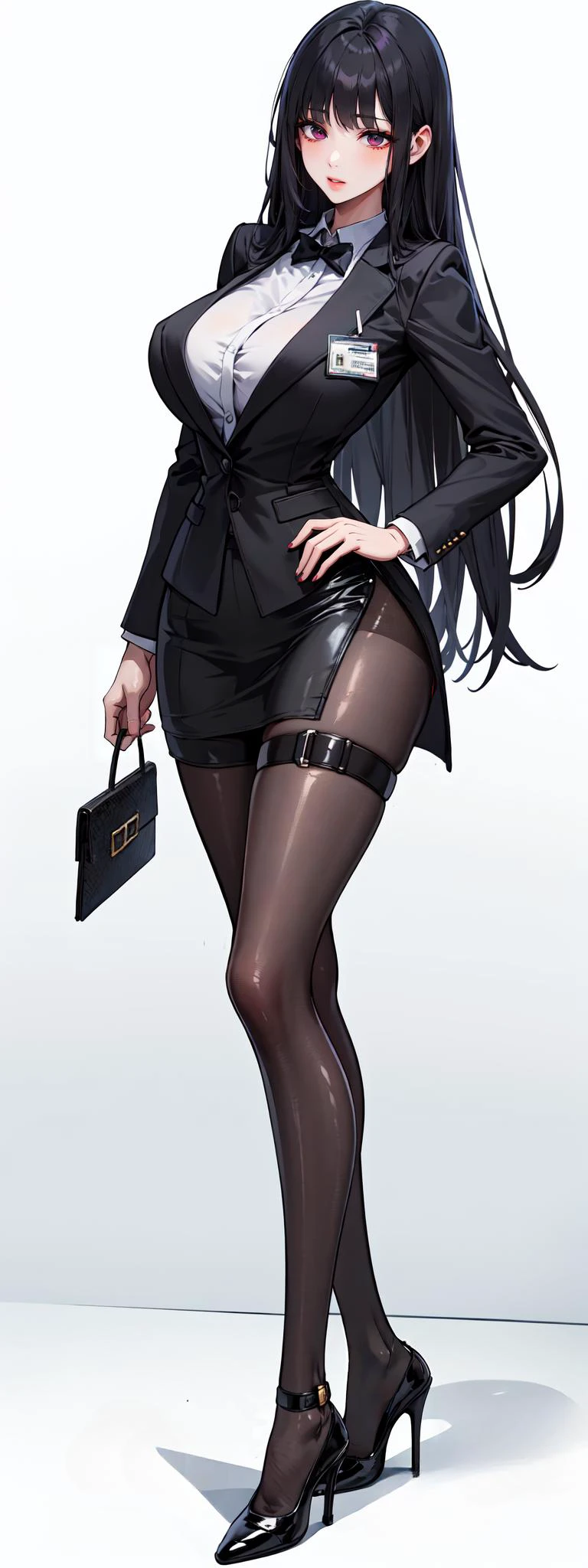 masterpiece, best quality, high resolution, highres, absurdres, extremely delicate and beautiful, ultra detailed, perfect details, from blow, white background, simple background, looking at viewer,
shiny skin, 1girl, red eyes, black hair, full body, long hair, black pantyhose, thigh strap, standing, bangs, skirt, formal, black blazer, black footwear, long sleeves, id card, large breasts, blunt bangs, high heels,