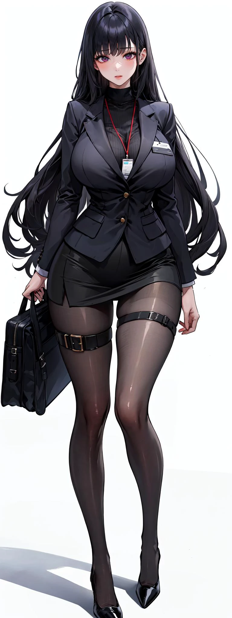 high resolution, highres, absurdres, extremely delicate and beautiful, ultra detailed, perfect details, from above
shiny skin,
1girl, holster, solo, thigh holster, pantyhose, red eyes, black hair, full body, very long hair, black pantyhose, white background, simple background, looking at viewer, thigh strap, standing, bangs, skirt, formal, black blazer, black footwear, long sleeves, id card, large breasts, turtleneck, blunt bangs, high heels, closed mouth