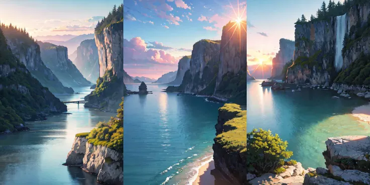 highly insanely detailed, masterpiece, top quality, best quality, highres, 4k, 8k, RAW photo, morning glow, pastel sky, sun rays, peaceful atmosphere, early morning serenity, horizon, night, ocean, planet, town, river, rock, scenery, water, watercraft, waterfall