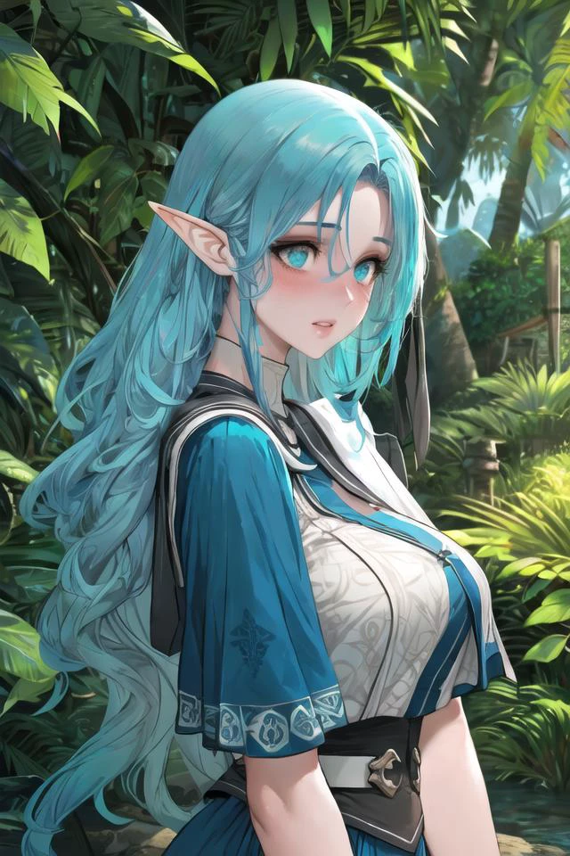 8k, 4k, intricate details, cinematic lighting, stunning environment, ornate, extremely detailed CG unity 8k wallpaper, (ultra detailed), (ultra realistic), RAW photo, photorealistic, high res, extremely detailed face, sharp focus, intricate details, (realistic:1.6 ,realistic skin:1.6, LAB colors), detailed face, detailed eyes, detailed shadows, ((upper body, medieval outfit)), (((smooth chin))), ((((runist clothes)))), (((( a coward girl, multi-tied hair, lightblue hair, elf ears, aqua eyes)))), (((( in a marketplace, on a jungle fantasy city, beautiful landscape)))) <lora:dishwasher1910 style by goofy ai:1.6> (dishwasher1910 style:1.6), (gradient outline:1.6), (vibrant colors:1.6), (colored shadows:1.6), (ambient occlusion:1.4), (vivid shade), (visible eye pupil:1.6), (warm tones:1.6), (skin blush:1.2)
