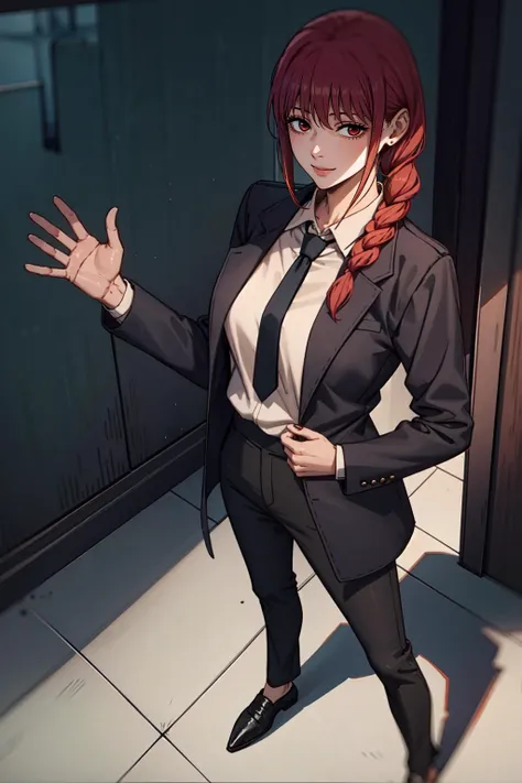 1girl, makima, black coat, black necktie, black pants, blood on ground, blood on wall, braid, braided ponytail, coat, collared shirt, dark, formal, hair over shoulder, hallway, horror (theme), looking at viewer, medium hair, necktie, pants, red hair, shirt, shirt tucked in, sidelocks, smeared blood, smile, solo, suit, twitter username, waving, white shirt, wide shot, masterpiece, best quality, <lora:Makima:0.7>, <lora:LowRA:0.5>