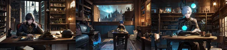 (otherworldly, otherworldly atmosphere, otherworldly appearance), highly insanely detailed, masterpiece, top quality, best quality, highres, 4k, 8k, RAW photo, a boy sitting at a table in a room filled with shelves and a cat on the floor in front of him, Cedric Seaut (Keos Masons), 2 d game art, concept art, magic realism, (fantasy world)