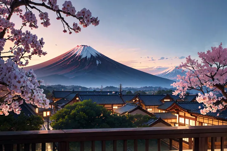 Landscape photo of Mount Fuji, Japan, view from onsen hot spring balcony, sakura trees, (realistic, masterpiece, best quality, ultra-detailed, intricate details, extremely detailed), 2k, 4k, 8k, dslr, photography, physically based rendering, ray-tracing, global illumination