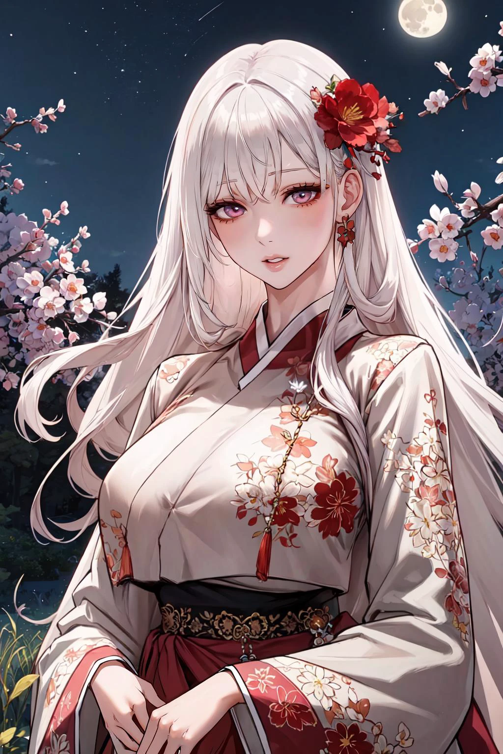 masterpiece, best quality, extremely detailed CG unity 8k wallpaper, (ultra detailed), (ultra realistic), RAW photo, photorealistic, 8k, high res, extremely detailed face, sharp focus, intricate details, absurdres, full moon, prunus mume, wind, field, beautiful detailed night sky, 1girl, (korean clothes, long sleeve, hanbok), white hair, long hair, (pale skin:1.2), red gradient eyes, glowing eyes, upper body, <lora:hanboka-000003:0.8>