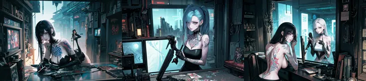 (otherworldly, otherworldly atmosphere, otherworldly appearance), highly insanely detailed, masterpiece, top quality, best quality, highres, 4k, 8k, RAW photo, a woman with tattoos is holding a knife and looking at a picture of herself on a table with other objects, artist, anime art, cyberpunk art, analytical art, (fantasy world)